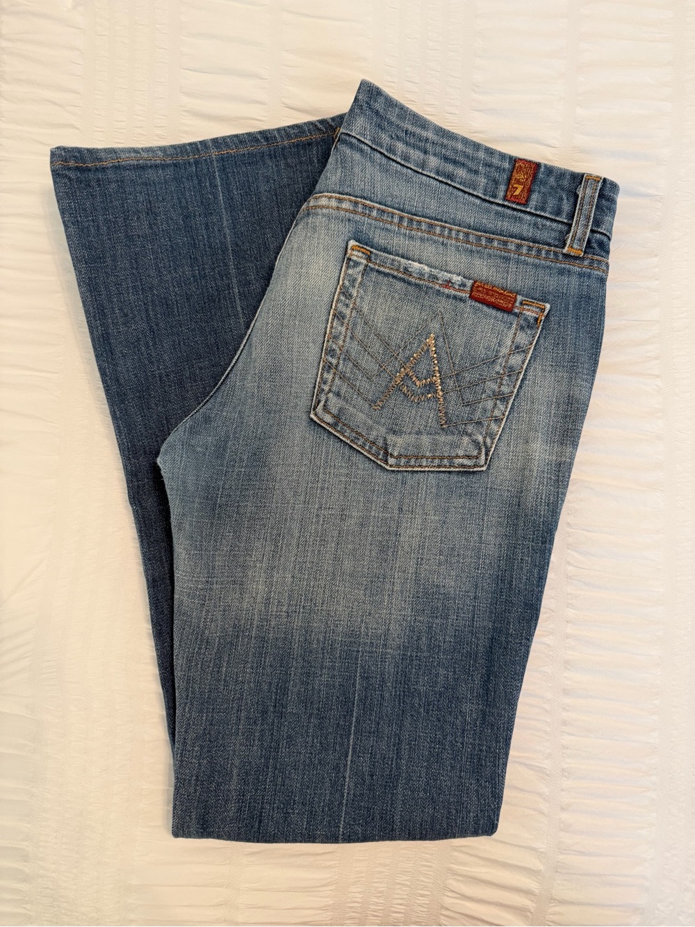 7 For All Mankind Medium Blue “A” Pocket Jeans w/ Silver Embroidered Back Pocket